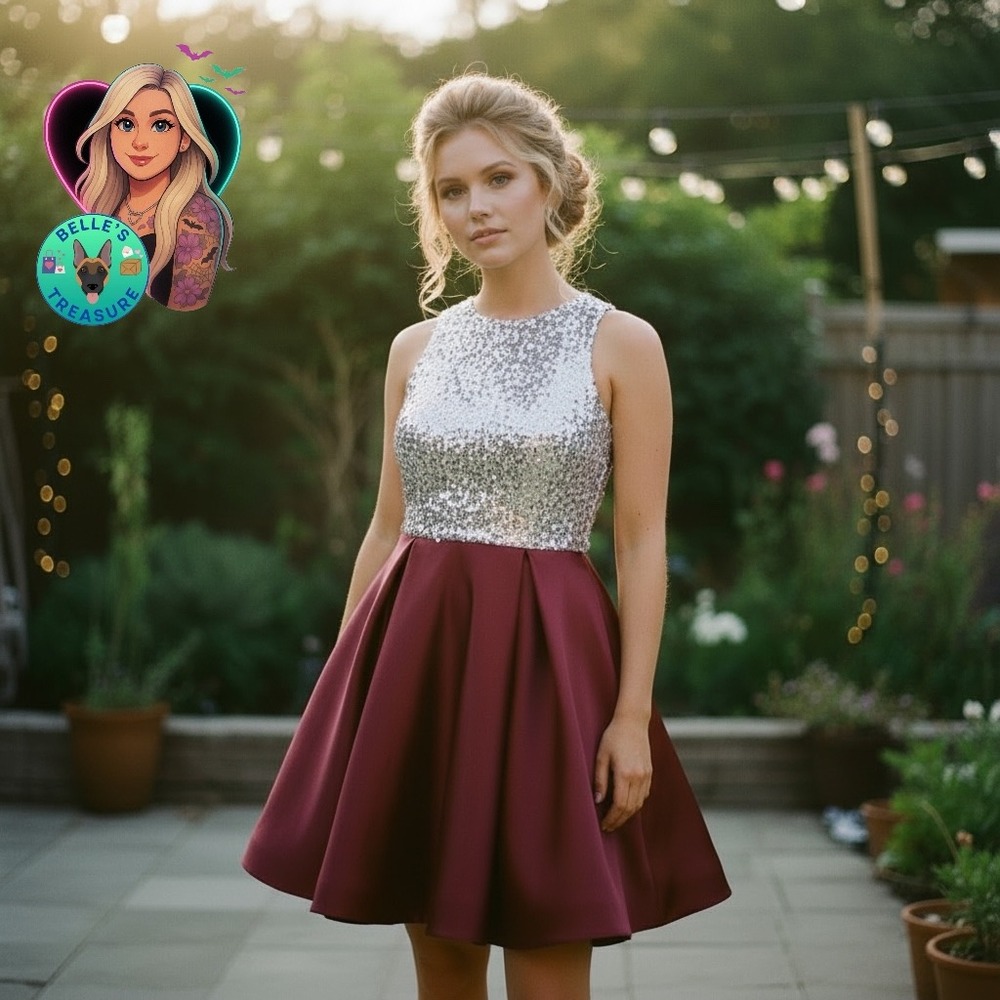 Sparkly Silver Sequin Bodice Red Satin Fit‎ Flare Hoco Prom Dress Women's S Gown